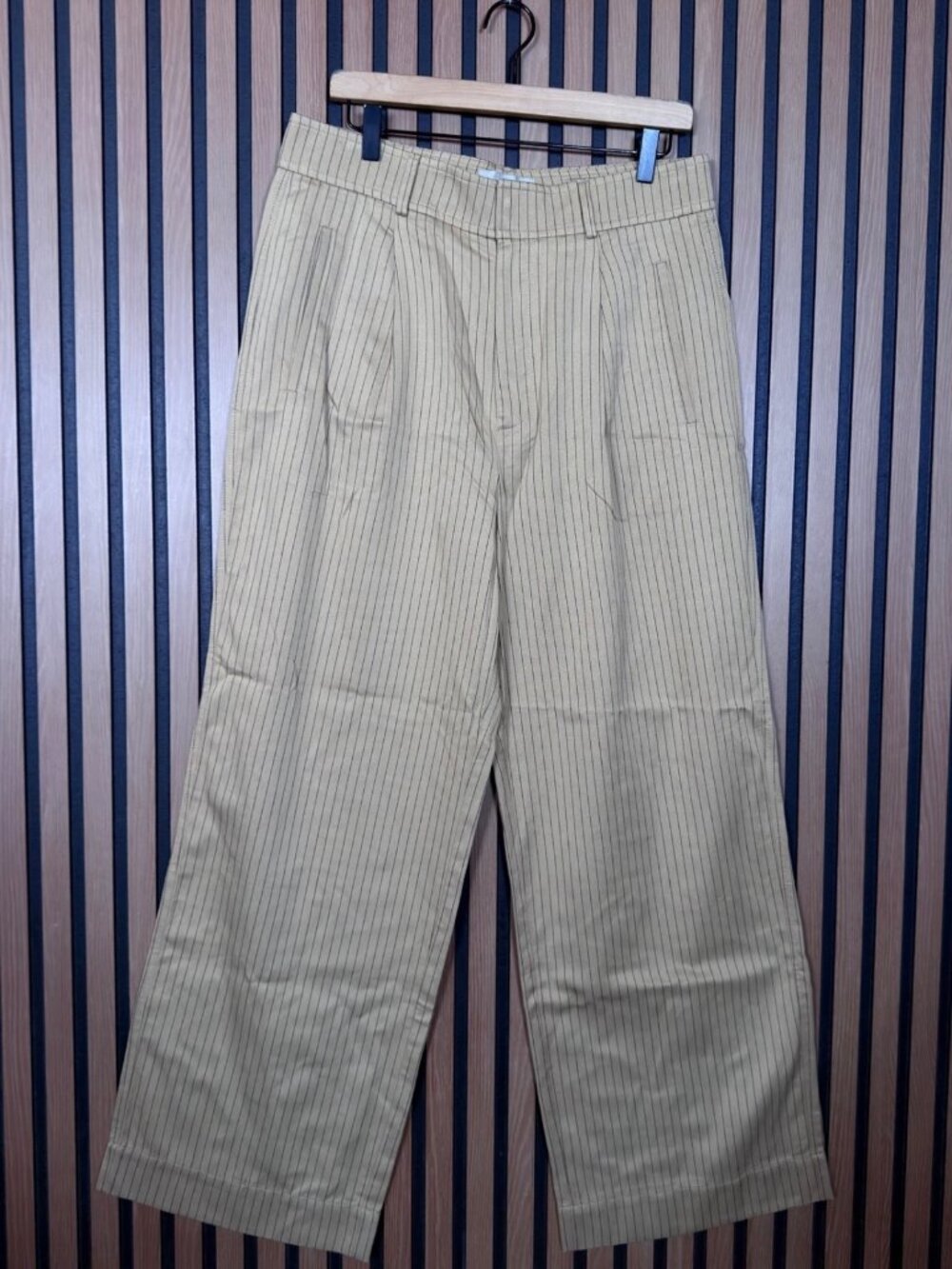Everlane Pants 12 Short Womens Tan Pin Striped Wide Leg Chambray Cotton Pockets